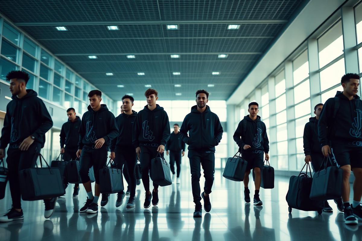 FCA Select athletes traveling in matching gear through an airport terminal